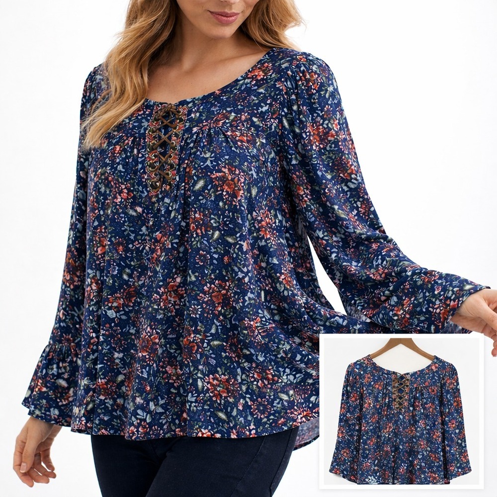 Gimmicks Peasant Blouse Lace Up Flowy Rayon Boho Top Blue L